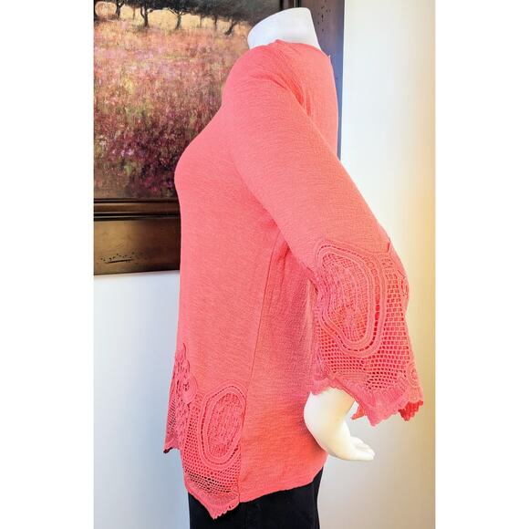 Adrianna Papell Top Blouse Small Sugar Coral Cotton Crochet Trim Gauzy Crepe - Picture 3 of 10